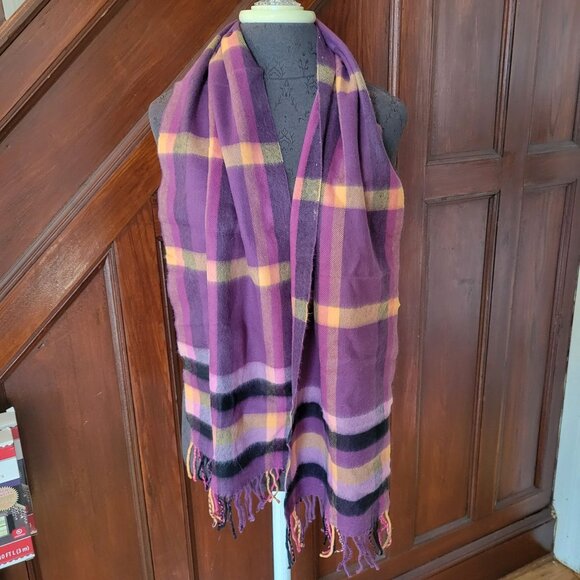 Purple Plaid Cashmere Scarf With Fringe For Women - Picture 1 of 2